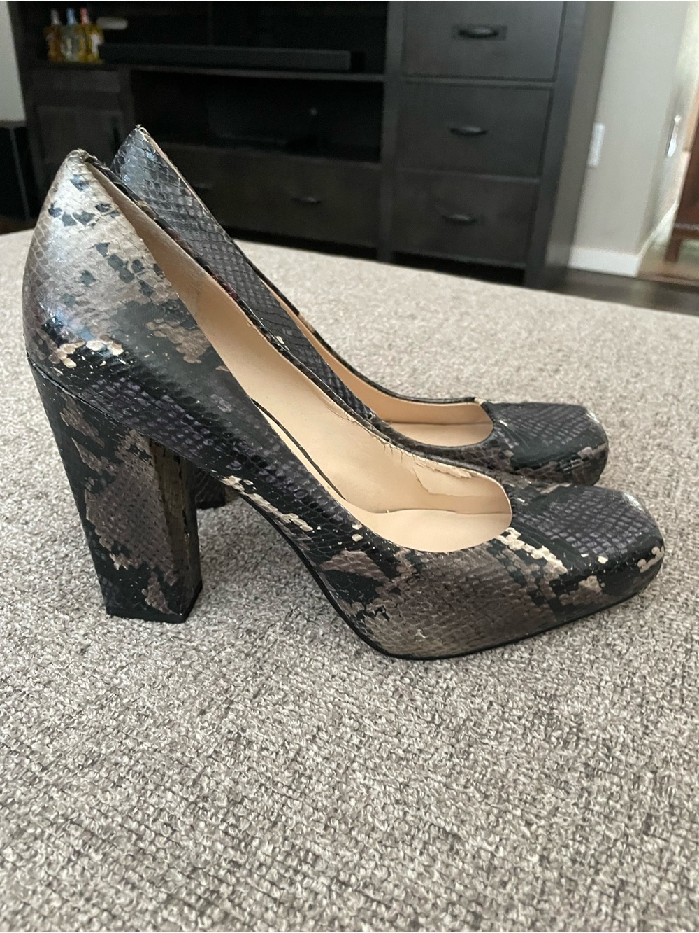 Nine West Snake-Print Block Heel Pumps in Black and Brown